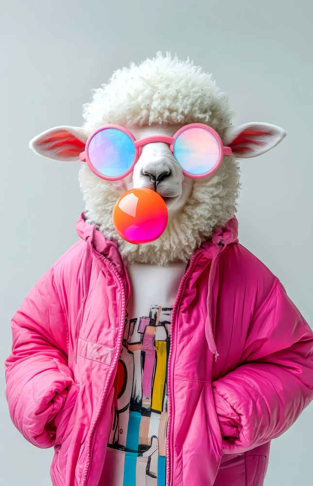 Trendy Bubblegum Sheep Glass Wall Art