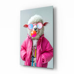 Bubblegum fashion sheep cinematic glass wall art over walnut console in designer fashion atelier
