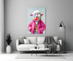 Pink-puffer sheep cinematic glass wall art in heritage stairwell