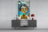 Digital fantasy cinematic glass wall art in light-filled atelier