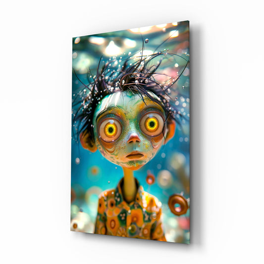 Tim Burton bug eye boy cinematic glass wall art over walnut console in designer entertainment den
