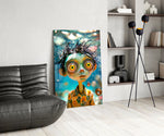 Saffron-eye boy cinematic glass wall art over modern dining sideboard