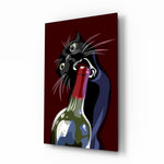 Wine bottle cat bandit cinematic glass wall art over walnut console in designer wine bar