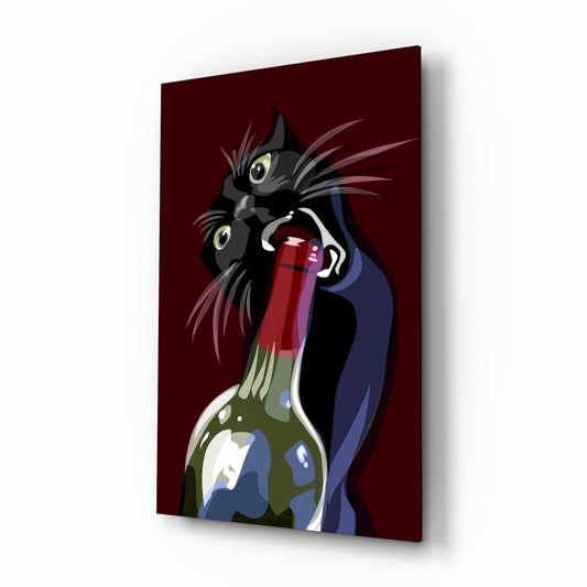 Wine bottle cat bandit cinematic glass wall art over walnut console in designer wine bar