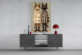 Anthropomorphic couture cinematic glass wall art in light-filled atelier