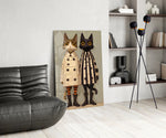Saucer-eyed cats cinematic glass wall art over modern dining sideboard