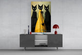 Anthropomorphic fashion cinematic glass wall art in light-filled atelier