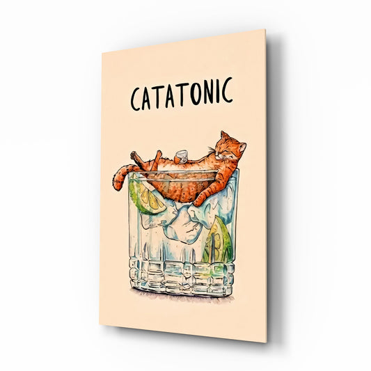 Catatonic cocktail cinematic glass wall art over walnut console in designer kitchen