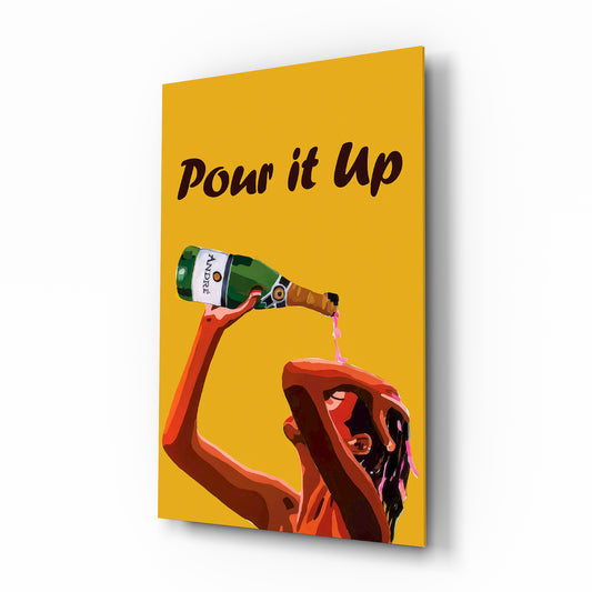 Pour it Up champagne cinematic glass wall art over walnut console in designer wine bar
