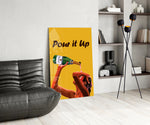 Hand-lettered pour cinematic glass wall art over modern bar console