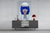 Klein-Blue muse cinematic glass wall art in light-filled atelier
