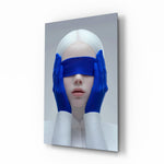 Cobalt blindfold porcelain muse cinematic glass wall art over walnut console in designer fashion atelier