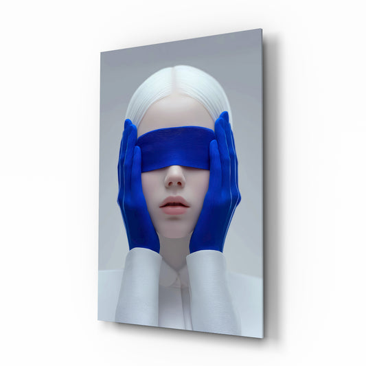 Cobalt blindfold porcelain muse cinematic glass wall art over walnut console in designer fashion atelier