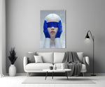 Helmut-Newton style cinematic glass wall art in heritage stairwell
