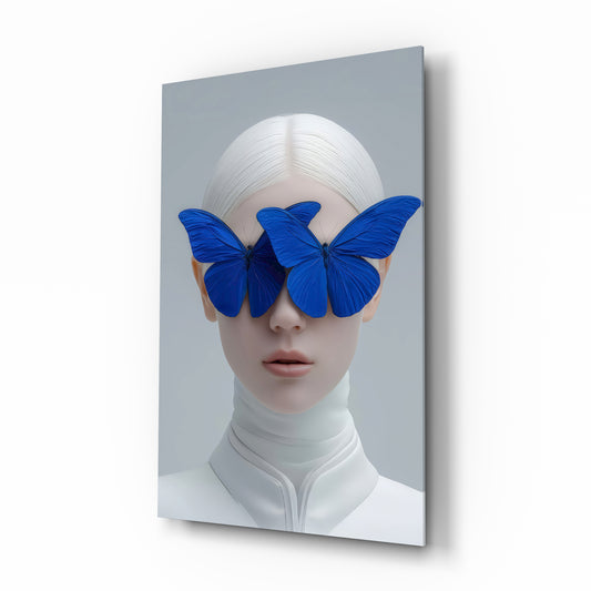Cobalt butterfly muse cinematic glass wall art over walnut console in designer fashion atelier