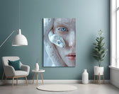 Stoic Medusa cinematic glass wall art in boutique-hotel suite