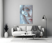 Helmut-Newton style cinematic glass wall art in heritage stairwell