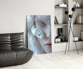 Cobalt-eye snake cinematic glass wall art over modern dining sideboard