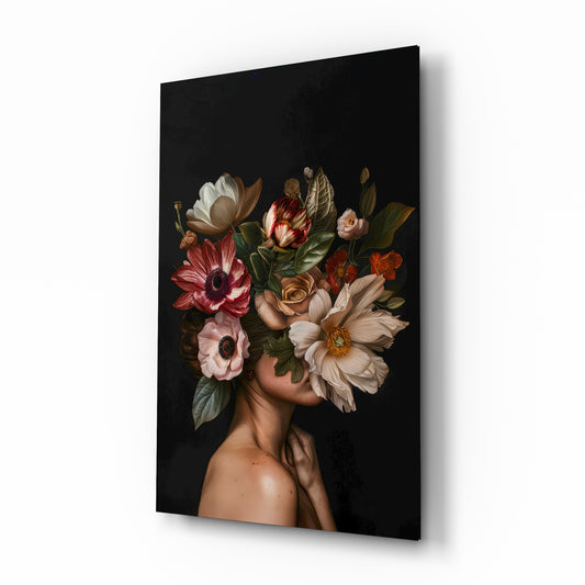 Floral headdress muse cinematic glass wall art over walnut console in designer fashion atelier