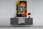 Food-pop poster cinematic glass wall art in light-filled atelier