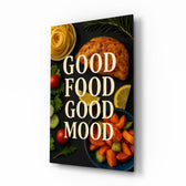 Good Food Good Mood flat lay cinematic glass wall art over walnut console in designer kitchen