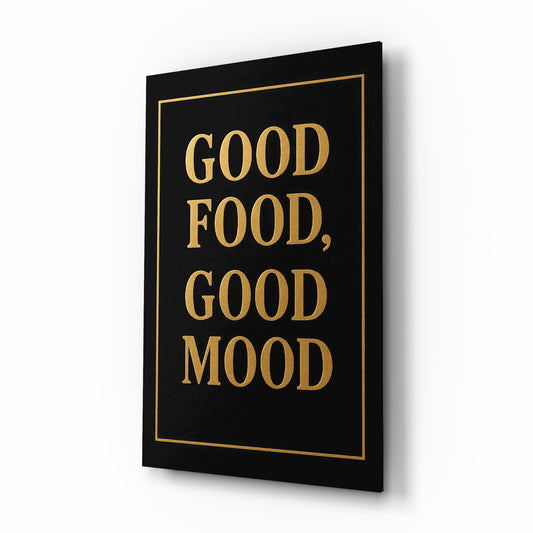 Good Food Good Mood gold cinematic glass wall art over walnut console in designer kitchen