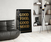 Gold-leaf foil cinematic glass wall art over modern dining sideboard