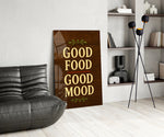 Cream serif walnut cinematic glass wall art over modern dining sideboard