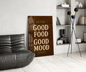 Cream serif walnut cinematic glass wall art over modern dining sideboard