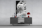 Soul-ascending cinematic glass wall art in light-filled atelier