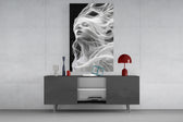 Soul-ascending cinematic glass wall art in light-filled atelier