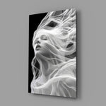 Symbolist ethereal cinematic glass wall art in feminine-luxe boudoir