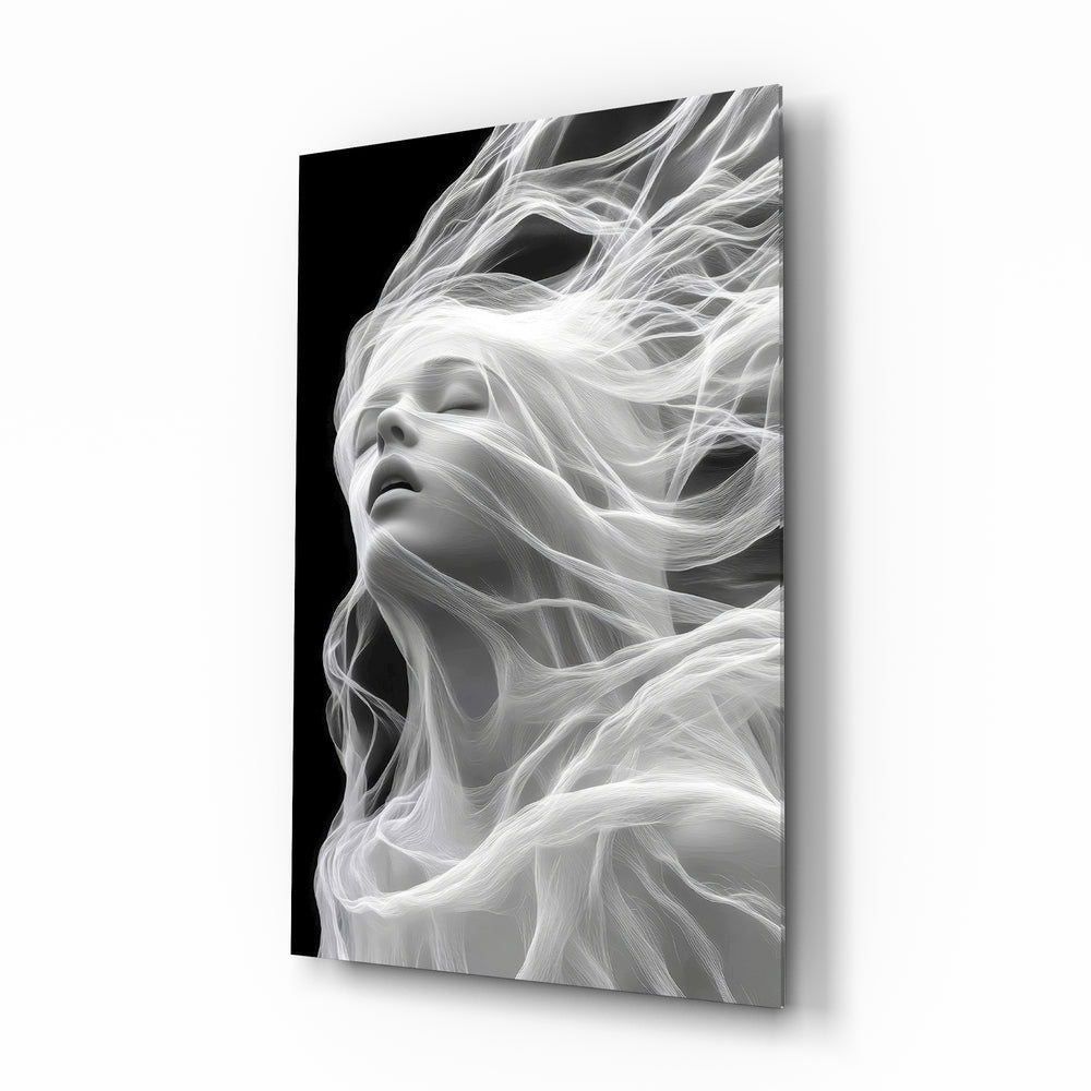 Smoke strands muse cinematic glass wall art over walnut console in designer wellness clinic