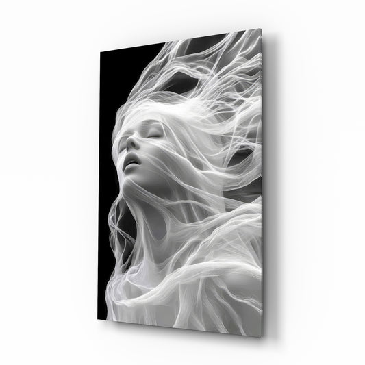 Smoke strands muse cinematic glass wall art over walnut console in designer wellness clinic