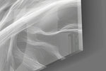 Smoke-strand hair cinematic glass wall art in meditation studio