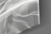 Smoke-strand hair cinematic glass wall art in meditation studio