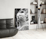 Wispy hair muse cinematic glass wall art over modern dining sideboard