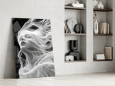 Digital-fantasy muse cinematic glass wall art in private library reading nook