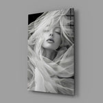 Symbolist ethereal cinematic glass wall art in feminine-luxe boudoir