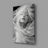 Symbolist ethereal cinematic glass wall art in feminine-luxe boudoir