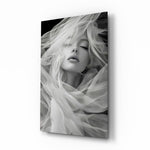 Tulle veil bridal muse cinematic glass wall art over walnut console in designer wedding venue suite