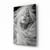 Tulle veil bridal muse cinematic glass wall art over walnut console in designer wedding venue suite