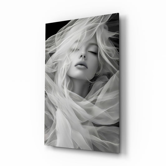 Tulle veil bridal muse cinematic glass wall art over walnut console in designer wedding venue suite