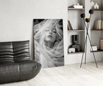 Platinum-hair muse cinematic glass wall art over modern dining sideboard