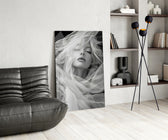Platinum-hair muse cinematic glass wall art over modern dining sideboard