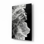 Smoke profile muse cinematic glass wall art over walnut console in designer wellness clinic