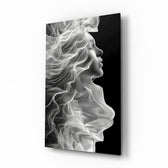 Smoke profile muse cinematic glass wall art over walnut console in designer wellness clinic