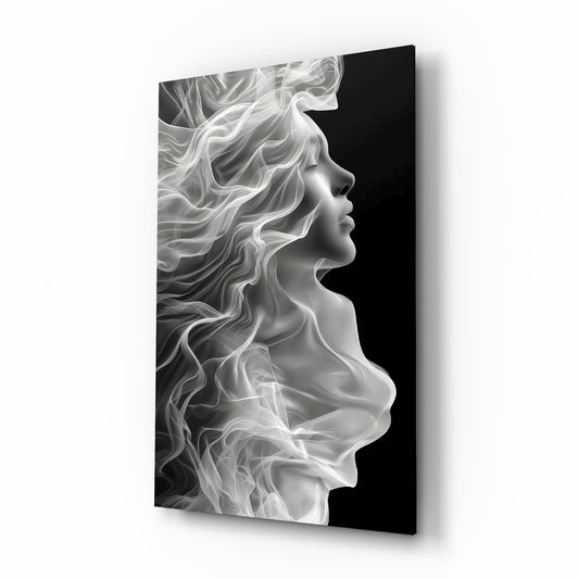 Smoke profile muse cinematic glass wall art over walnut console in designer wellness clinic