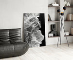 Smoke-ribbon hair cinematic glass wall art over modern dining sideboard