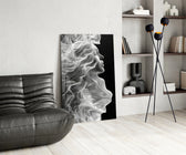 Smoke-ribbon hair cinematic glass wall art over modern dining sideboard